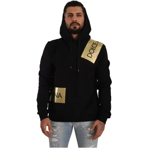 Schwarzer Pullover mit Goldenem Logo und Kapuze - Dolce & Gabbana - Modalova