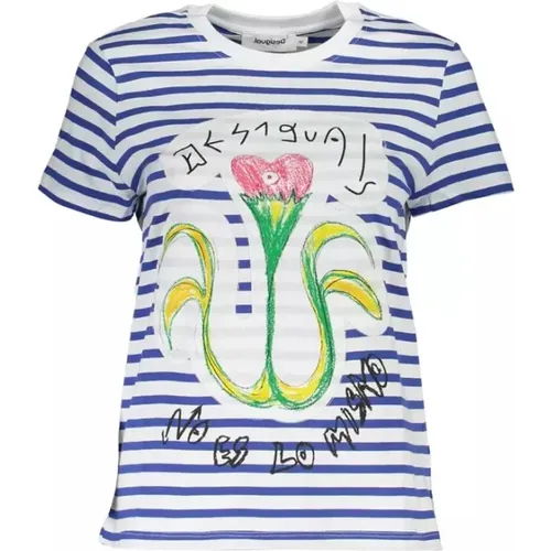 Schickes Blaues Tee mit Kontrastdetails , Damen, Größe: XL - Desigual - Modalova