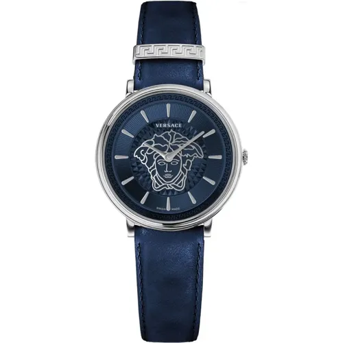 V Circle Leather Strap Watch Black , female, Sizes: ONE SIZE - Versace - Modalova