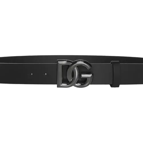 Schwarzer Ledergürtel mit Silberner DG Logo Schnalle - Dolce & Gabbana - Modalova