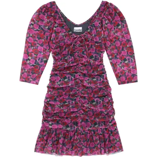 Blumige Textur Rosa V-Ausschnitt Kleid , Damen, Größe: S - Ganni - Modalova