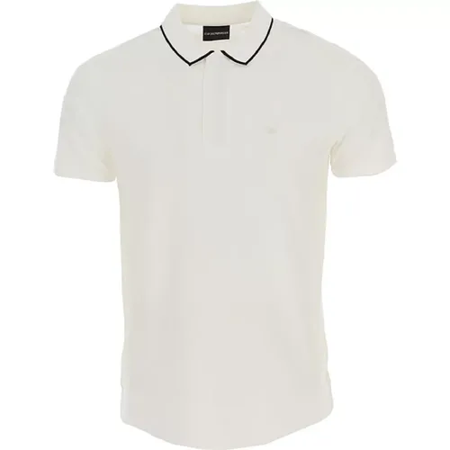 Kurzarm-Polo-Shirt in Weiß aus Baumwolle und Tencel-Mischung mit bedrucktem Adler-Logo - Emporio Armani - Modalova