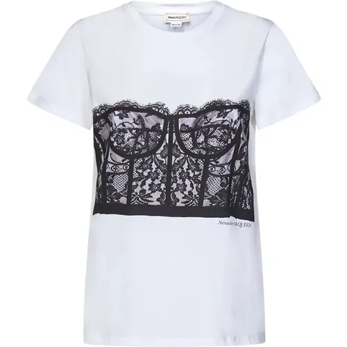 Weißes T-Shirt mit Spitzen-Korsett-Print , Damen, Größe: S - alexander mcqueen - Modalova