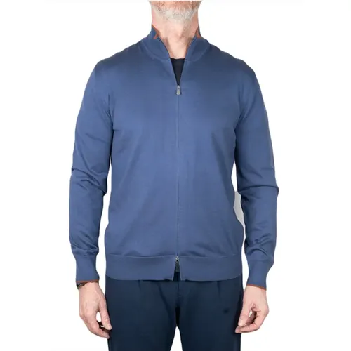 Seiden- und Baumwoll-Zip-Up-Pullover - Blau , Herren, Größe: L - Gran Sasso - Modalova