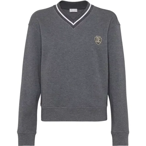 Grauer Baumwoll V-Ausschnitt Sweatshirt mit Streifenbesatz - BRUNELLO CUCINELLI - Modalova