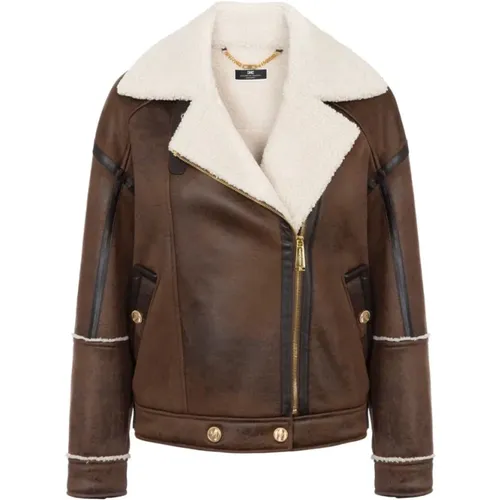 Brauner Shearling Mantel mit Schnallenverschluss - Elisabetta Franchi - Modalova