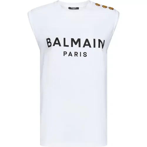 Weißes ärmelloses T-Shirt mit Logo - Balmain - Modalova