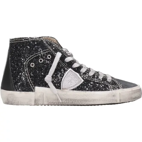 Schwarze High-Top Sneakers Leder Wildleder Glitzer , Damen, Größe: 40 EU - Philippe Model - Modalova