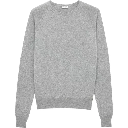 Grey Cashmere Crewneck Sweater with Cassandre Embroidery , male, Sizes: S, L, M, 2XL, XL - Saint Laurent - Modalova