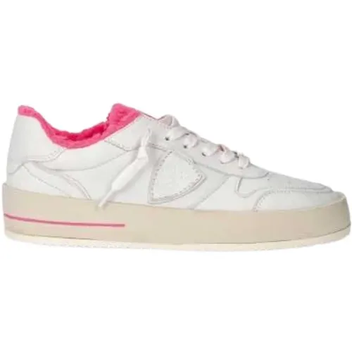 Weiße Low-Top-Sneaker mit rosa Eco-Pelz , Damen, Größe: 40 EU - Philippe Model - Modalova