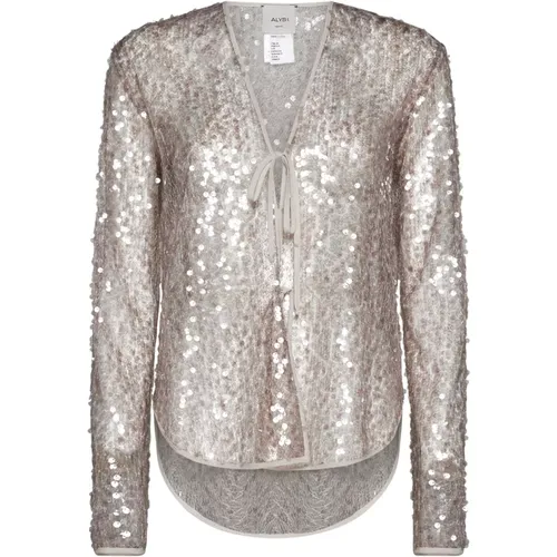 Lace Panel Sequin V-Neck Shirt , female, Sizes: M, S, XS - Alysi - Modalova