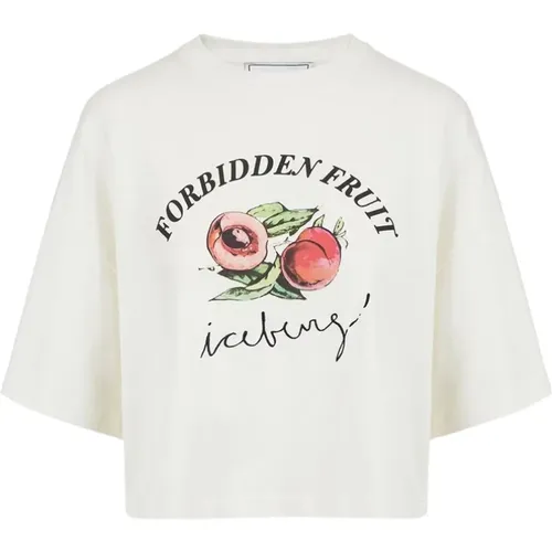 Kurzärmeliges weißes cropped T-Shirt mit Forbidden Fruit Print,Kurzärmeliges weißes Cropped T-Shirt mit Forbidden Fruit Print - Iceberg - Modalova
