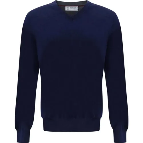 Blauer Pullover mit V-Ausschnitt und Rippbündchen , Herren, Größe: L - BRUNELLO CUCINELLI - Modalova