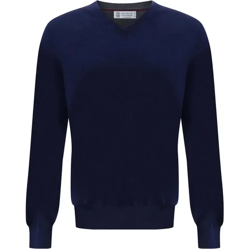 Blauer Pullover mit V-Ausschnitt und Rippbündchen , Herren, Größe: XL - BRUNELLO CUCINELLI - Modalova
