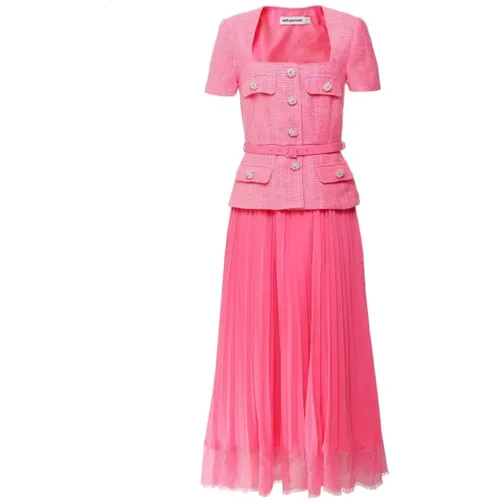 Midi Bouclé Chiffon Kleid - Rosa , Damen, Größe: XL - Self Portrait - Modalova