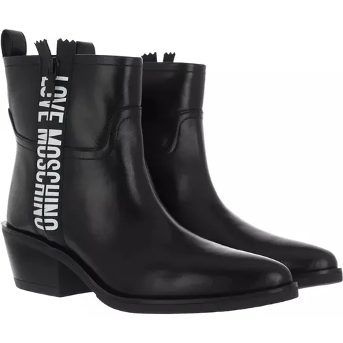 Schwarze Lederstiefeletten mit kubanischem Absatz - Love Moschino - Modalova