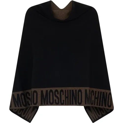 Elegant Nero Poncho with Contrast Logo , female, Sizes: ONE SIZE - Moschino - Modalova