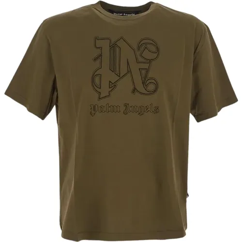 Khaki Monogram Crew Neck T-Shirt , male, Sizes: S, XL - Palm Angels - Modalova