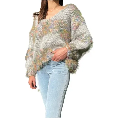 V-Ausschnitt Alpaka Pullover mit Ballonärmeln , Damen, Größe: ONE Size - Les tricots d'O - Modalova