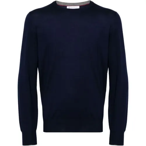 Blauer Wollpullover mit Rundhalsausschnitt - BRUNELLO CUCINELLI - Modalova