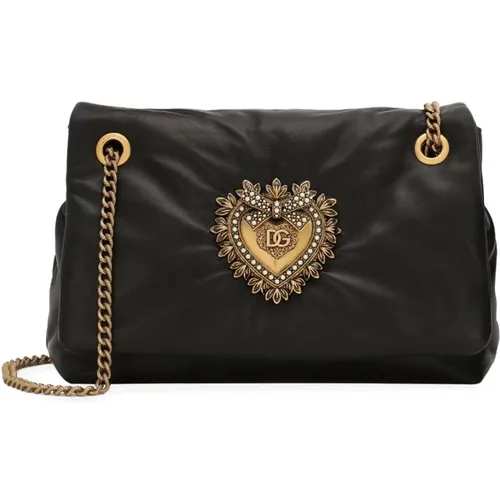 Schwarze Lammleder-Schultertasche mit Herz-Patch - Dolce & Gabbana - Modalova