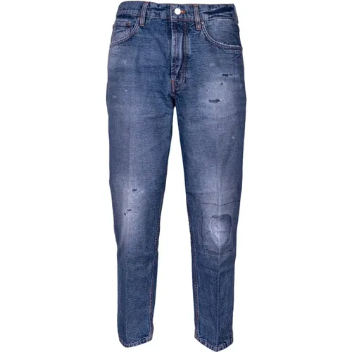 Men's Carrot Fit Jeans with Distressed Knee and Patch Effect. Low Waist. Made in Italy , male, Sizes: W36, W33, W32, W34, W38, W35, W31 - Don The Fuller - Modalova