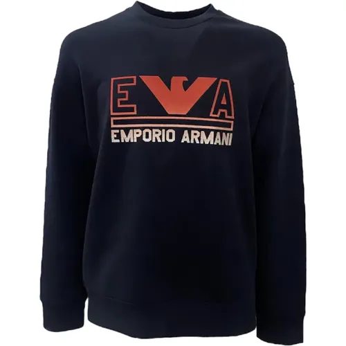 Navyblauer Doppeljersey-Sweatshirt mit Maxi-Logo-Schriftzug und Rot-Orangem Adlerlogo - Emporio Armani - Modalova