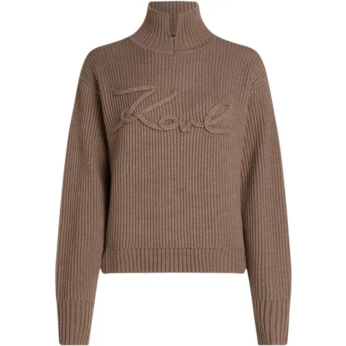 Bestickter Hoher Hals Gerösteter PULLOVER,Graubrauner Strickpullover mit Logoakzent - Karl Lagerfeld - Modalova