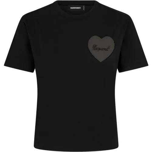 Schwarze T-Shirts und Polos mit Herz-Motiv , Damen, Größe: M - Dsquared2 - Modalova