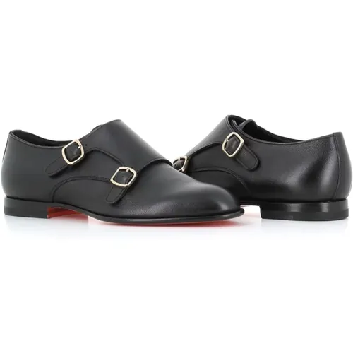 Leather Double Buckle Flat Shoes , male, Sizes: 5 UK, 2 1/2 UK, 3 1/2 UK, 3 UK, 4 UK, 4 1/2 UK - Santoni - Modalova