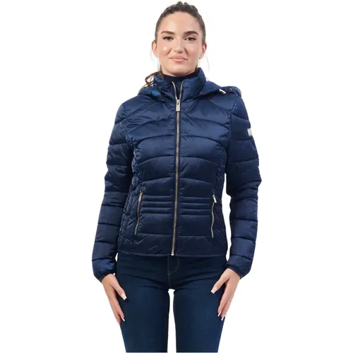 Blaue gesteppte Regenjacke mit Kapuze , Damen, Größe: XL - YES ZEE - Modalova