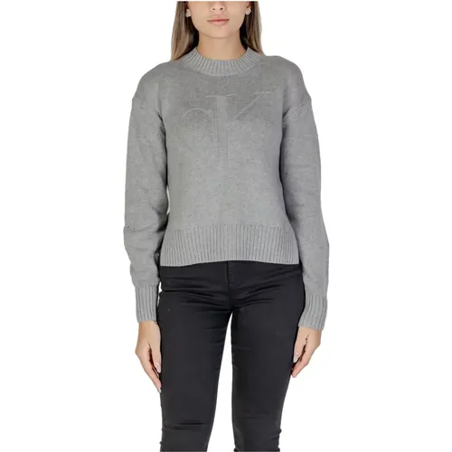 Grauer Bedruckter Strickpullover, Rundhalsausschnitt, Lange Ärmel , Damen, Größe: M - Calvin Klein Jeans - Modalova