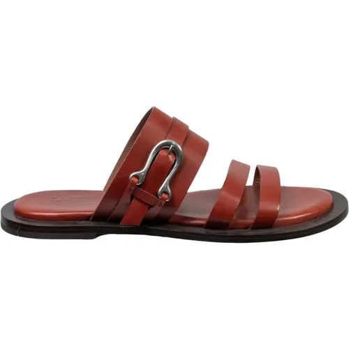 Women slipon flat sandals with terracotta colored leather bands with silver buckle , female, Sizes: 4 1/2 UK, 4 UK - Sartore - Modalova