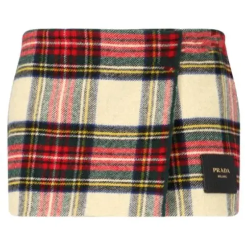 Tartan Check Wool Miniskirt Ivory , female, Sizes: S - Prada - Modalova