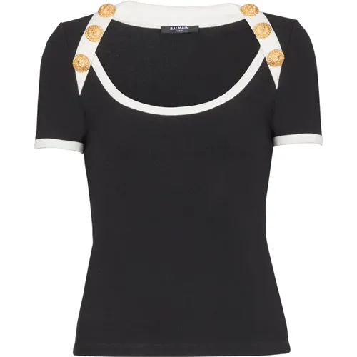 Zweifarbiges T-Shirt mit Knopfdetails , Damen, Größe: XS - Balmain - Modalova