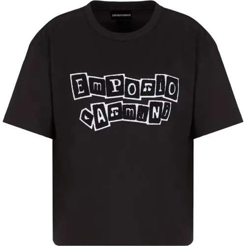 Schwarze T-Shirts und Polos Jersey Patch , Damen, Größe: M - Emporio Armani - Modalova