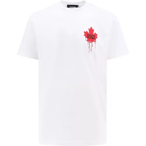 Logo Print Cotton Crew-Neck T-Shirt,Weißes T-Shirt mit Logodruck,Weiße Maple Leaf Logo T-Shirt - Dsquared2 - Modalova