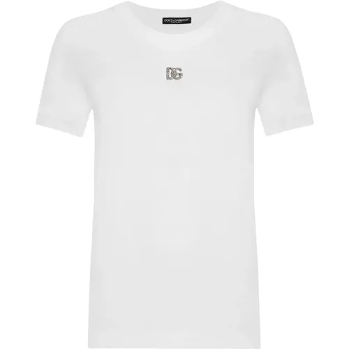 Kristall Logo Baumwoll T-shirt Rundhals,T-Shirts,Weiße T-Shirts und Polos von D&G,Weiße T-Shirts und Polos von - Dolce & Gabbana - Modalova