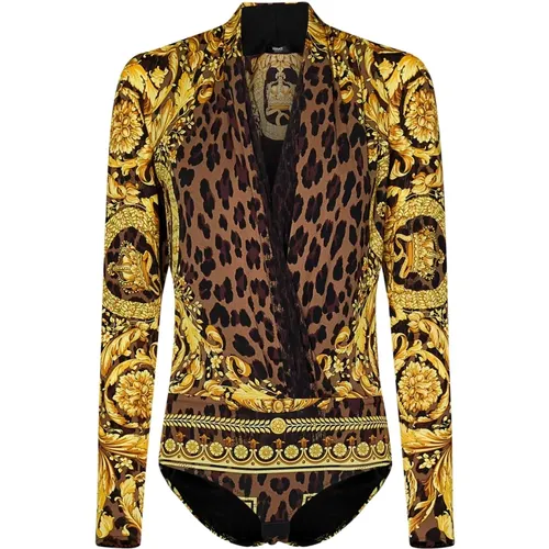 Black Barocco Print Silk Bodysuit , female, Sizes: S - Versace - Modalova