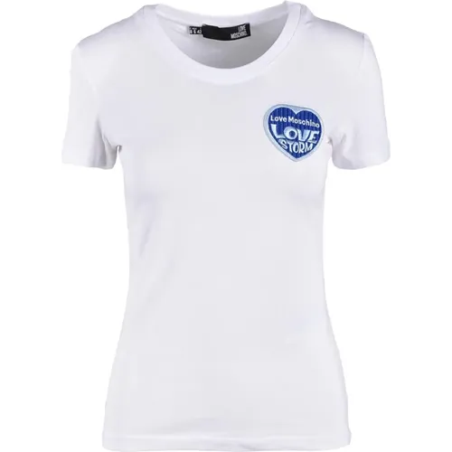 Weiß/Blau T-Shirt für Frauen , Damen, Größe: 2XS - Love Moschino - Modalova