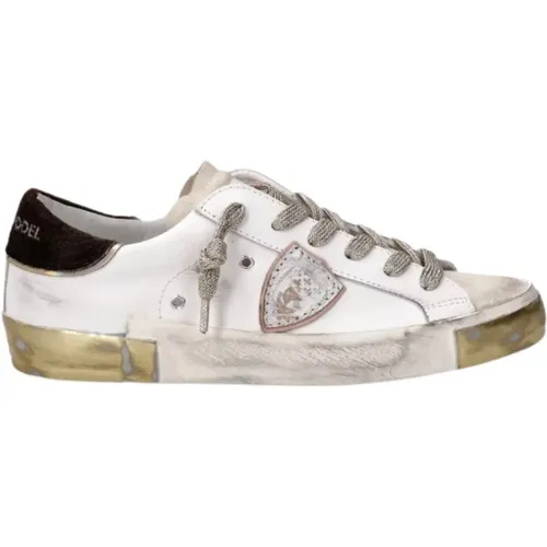 Weiße Ledersneakers mit Goldenen Akzenten,Sneakers Prsx Tennis Frauen, Gold Braun - Philippe Model - Modalova