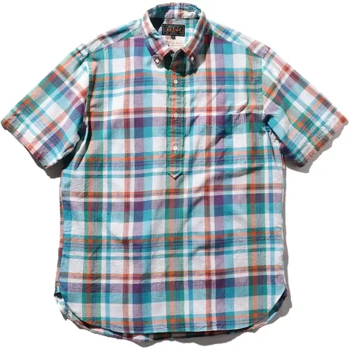 B.d. Pullover Short Sleeve Indian Madras Check Sax ed , male, Sizes: S - Beams Plus - Modalova