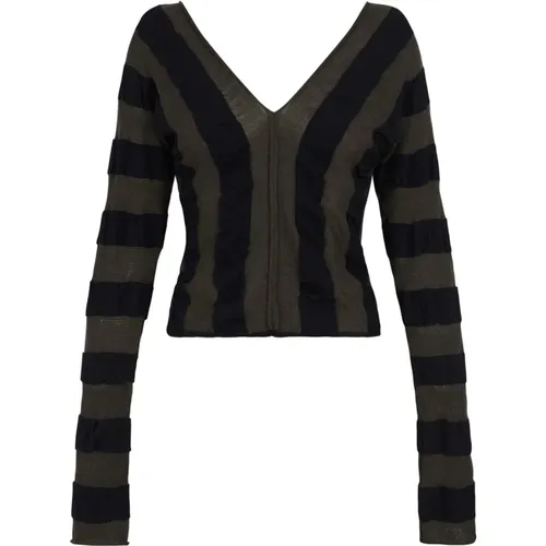 Striped Long Sleeve Top in Khaki and Black , female, Sizes: M, XL, L - Cortana - Modalova