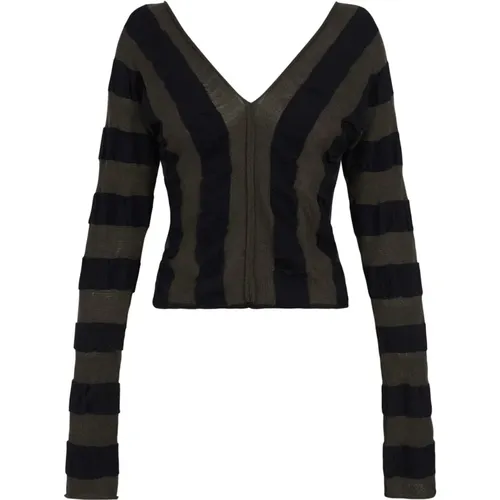 Striped Long Sleeve Top in Khaki and Black , female, Sizes: M, XL, S, L - Cortana - Modalova