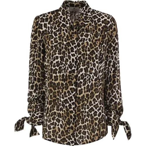 Animal Print Georgette Shirt with Ribbon Cuffs , female, Sizes: S, L, M - Elisabetta Franchi - Modalova