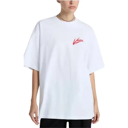 Gerippter Rundhalsausschnitt bedrucktes T-Shirt , Damen, Größe: M - Vans - Modalova