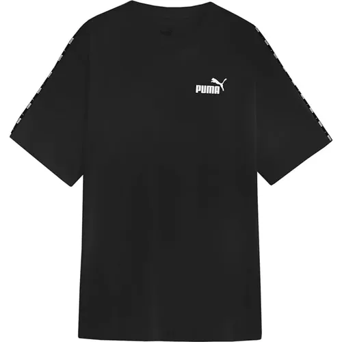 Schwarzes und weißes Tape-Logo-T-Shirt , Damen, Größe: M - Puma - Modalova
