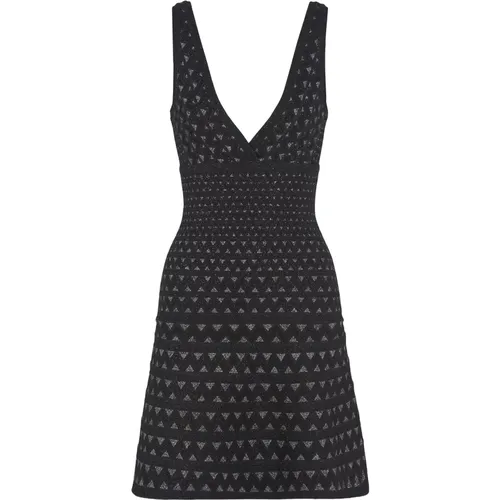 Schwarzes Jacquard-Strickkleid V-Ausschnitt - Emporio Armani - Modalova