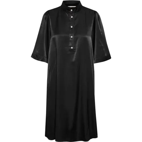 Einfaches Schwarzes Kleid mit ½ Ärmeln und Mandarin-Kragen , Damen, Größe: L - My Essential Wardrobe - Modalova