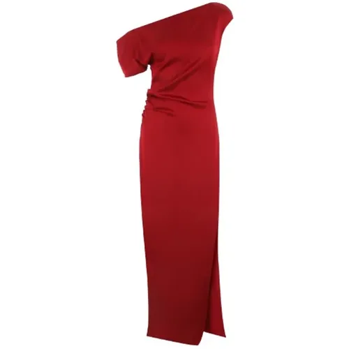 Rotes Envers Satin Langes Kleid mit Asymmetrischem Ausschnitt und Seitenschlitz - Del Core - Modalova